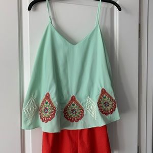 Teal and orange romper with gorgeous embroidery